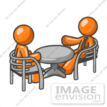 #34360 Clip Art Graphic of an Orange Guy Character Having A Casual Discussion With A Friend At A Table by Jester Arts