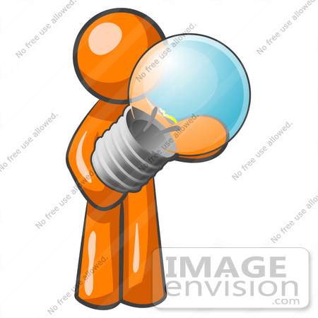 #34361 Clip Art Graphic of an Orange Guy Character Holding A Shiny Blue Lightbulb by Jester Arts