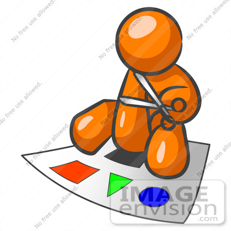 #34365 Clip Art Graphic of an Orange Guy Character Sitting And Cutting Shapes Out Of A Sheet Of Paper by Jester Arts