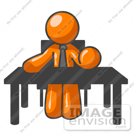 #34369 Clip Art Graphic of an Orange Guy Character Bossing People Around While Sitting At His Desk by Jester Arts