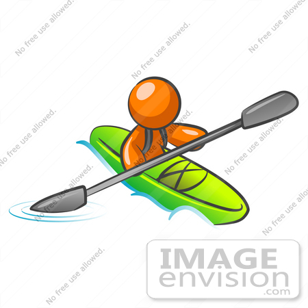 #34379 Clip Art Graphic of an Orange Guy Character Kayaking Down A River In A Green Boat by Jester Arts