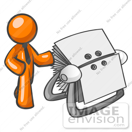 #34390 Clip Art Graphic of an Orange Guy Character Wearing A Business Tie And Standing By A Rotary Card File by Jester Arts