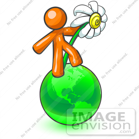 #34392 Clip Art Graphic of an Orange Guy Character Dancing With A Daisy Flower On A Green Globe by Jester Arts