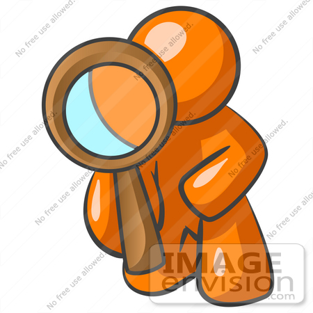 #34407 Clip Art Graphic of an Orange Guy Character Kneeling To Inspect Something Through A Magnifying Glass by Jester Arts