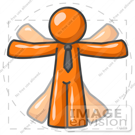 #34413 Clip Art Graphic of an Orange Guy Character Doing Jumping Jacks, Resembling The Vitruvian Man By Leonardo Da Vinci by Jester Arts