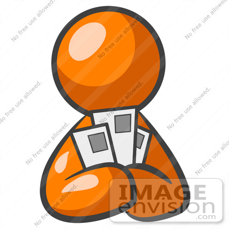 #34425 Clip Art Graphic of an Orange Guy Character Holding Three Envelopes Or Coupons by Jester Arts