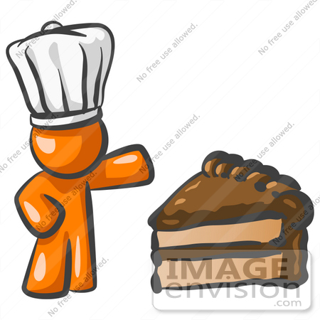 #34429 Clip Art Graphic of an Orange Guy Character In A Chef Hat, Presenting A Slice Of Chocolate Cake by Jester Arts