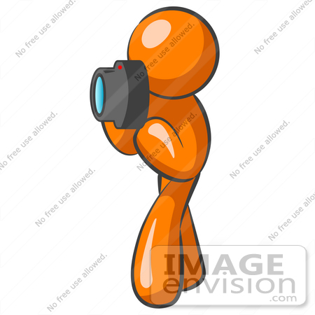 #34437 Clip Art Graphic of an Orange Guy Character Taking Photos With A Camera by Jester Arts