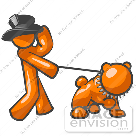 #34456 Clip Art Graphic of an Orange Guy Character Holding Onto His Hat And Walking His Strong Bulldog by Jester Arts