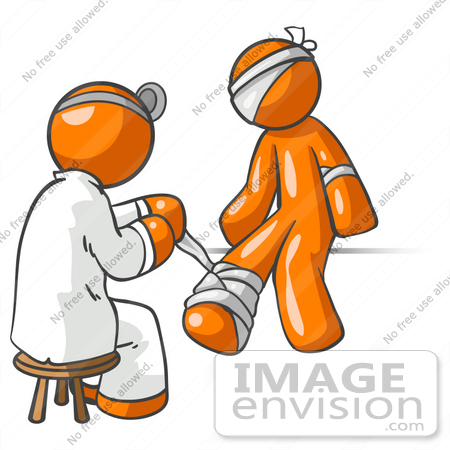 #34457 Clip Art Graphic of an Orange Guy Character Getting His Injuries Bandaged By A Doctor by Jester Arts