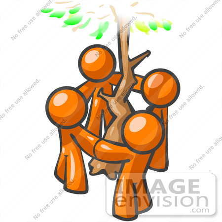 #34470 Clip Art Graphic of Orange Guy Characters Holding Hands And Circling A Tree by Jester Arts