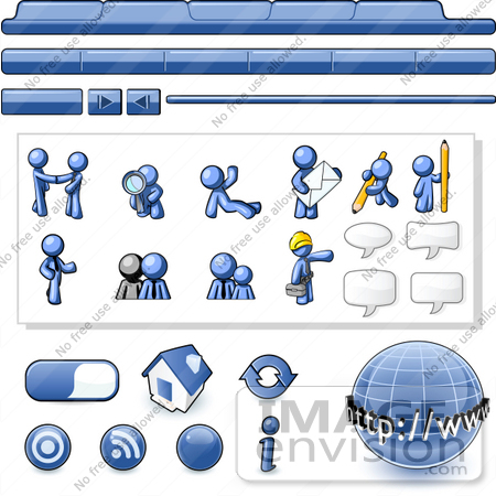 #34472 Clip Art Graphic of a Blue Guy Character Web Designer Kit With Tabs, Icons And People by Jester Arts