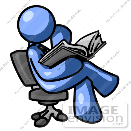 #34473 Clip Art Graphic of a Blue Guy Character Sitting In A Chair And Reading by Jester Arts