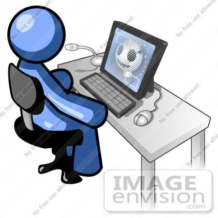 #34479 Clip Art Graphic of a Blue Guy Character Researching Skulls On A Computer by Jester Arts