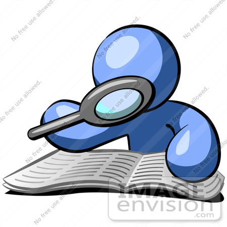 #34480 Clip Art Graphic of a Blue Guy Character Researching A Book With A Magnifying Glass by Jester Arts