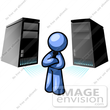 #34484 Clip Art Graphic of a Blue Guy Character Standing In Front Of Server Towers by Jester Arts