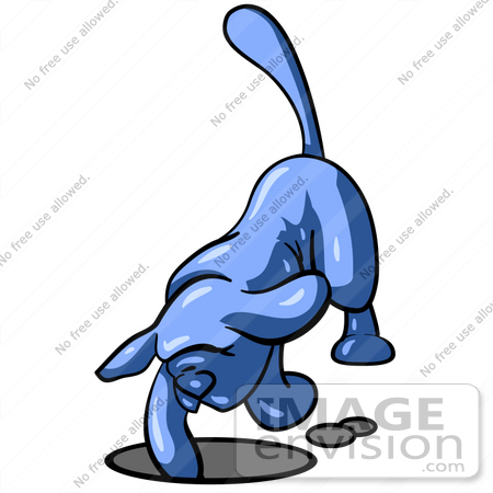 #34485 Clip Art Graphic of a Blue Dog Character Digging A Hole by Jester Arts