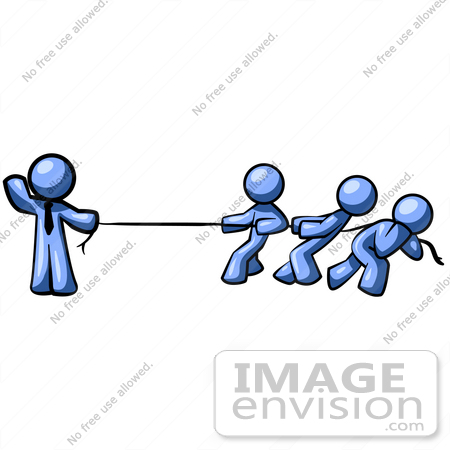 #34487 Clip Art Graphic of a Blue Guy Character Waving While Holding One End Of A Rope And Competing In A Tug Of War Contest With Three Other People by Jester Arts
