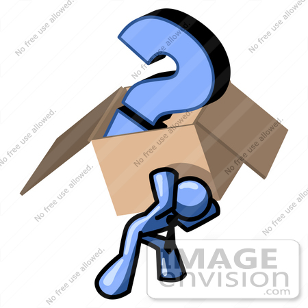 #34489 Clip Art Graphic of a Blue Guy Character Carrying A Question Mark In A Heavy Box by Jester Arts