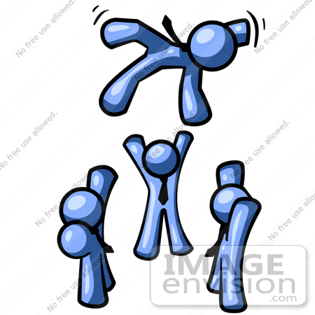 #34500 Clip Art Graphic of a Blue Guy Character Being Tossed In The Air By Colleagues by Jester Arts