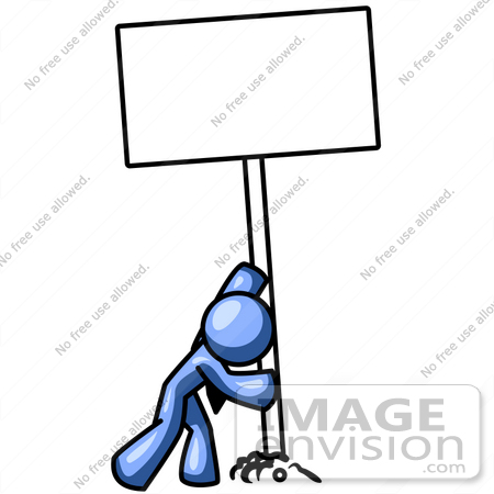 #34510 Clip Art Graphic of a Blue Guy Character Putting A Blank Sign In The Ground by Jester Arts