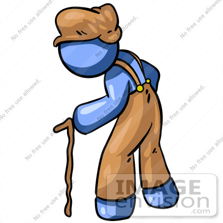 #34517 Clip Art Graphic of a Blue Guy Character Aging, Hunched Over And Walking With A Cane by Jester Arts