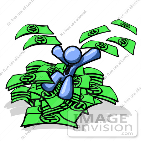 #34540 Clip Art Graphic of a Blue Guy Character On A Pile Of Cash, Throwing Money by Jester Arts