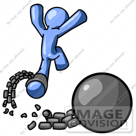 #34542 Clip Art Graphic of a Blue Guy Character Leaping Free From A Ball And Chain by Jester Arts