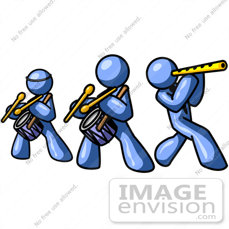 #34544 Clip Art Graphic of Blue Guy Characters Playing Drums And Flutes In A Band by Jester Arts