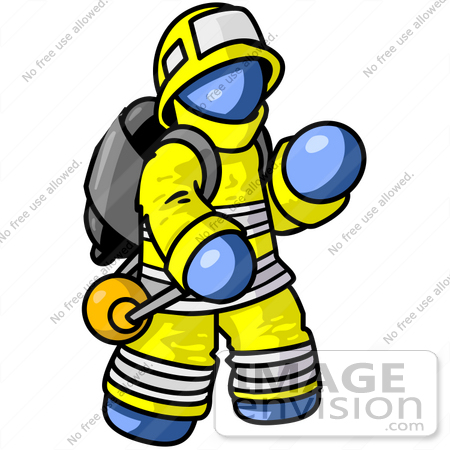 #34558 Clip Art Graphic of a Blue Guy Character Fireman Waving by Jester Arts