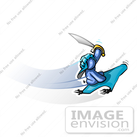 #34566 Clip Art Graphic of a Blue Guy Character With A Sword On A Magic Carpet by Jester Arts