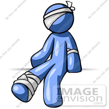 #34569 Clip Art Graphic of a Blue Guy Character Bandaged Up by Jester Arts
