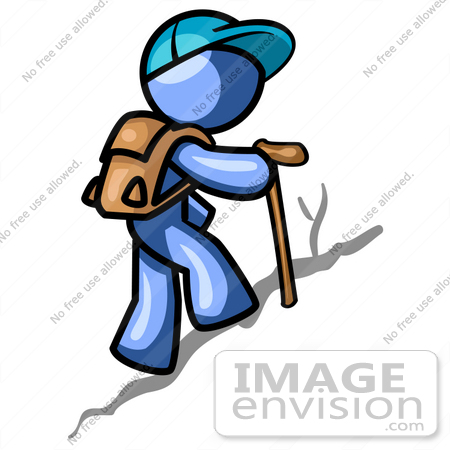 #34570 Clip Art Graphic of a Blue Guy Character Hiking by Jester Arts