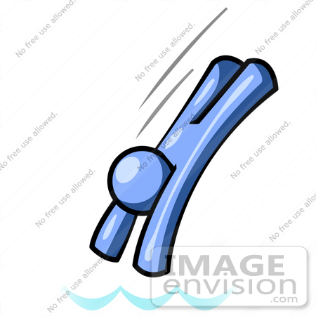 #34579 Clip Art Graphic of a Blue Guy Character Diving In A Pool by Jester Arts