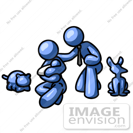#34581 Clip Art Graphic of a Blue Guy Character With His Family And Pets by Jester Arts