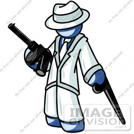 #34596 Clip Art Graphic of a Blue Guy Character In The Mafia, Holding A Gun by Jester Arts