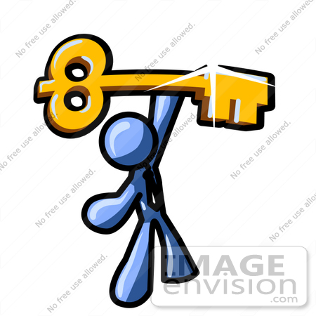 #34600 Clip Art Graphic of a Blue Guy Character Holding A Skeleton Key by Jester Arts