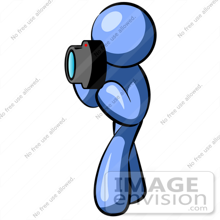 #34601 Clip Art Graphic of a Blue Guy Character Taking Pictures by Jester Arts