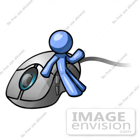 #34602 Clip Art Graphic of a Blue Guy Character Leaning Against A Computer Mouse And Waving by Jester Arts