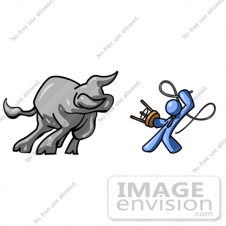 #34610 Clip Art Graphic of a Blue Guy Character Figint A Bull With A Stool And Whip by Jester Arts