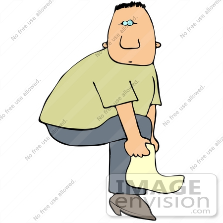 #34614 Clip Art Graphic of a Caucasian Guy Lifting His Leg to Put a Sock on, or to Put a Cover Over His Shoe by DJArt