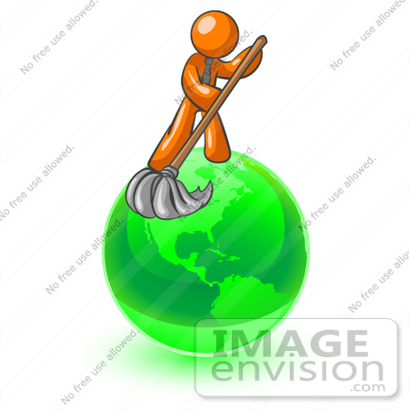 #35488 Clip Art Graphic of an Orange Guy Character Mopping Up A Mess On A Green Globe by Jester Arts