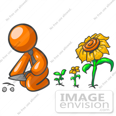 #35491 Clip Art Graphic of an Orange Guy Character Planting Seeds In A Sunflower Garden by Jester Arts