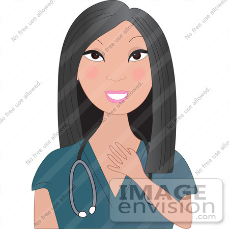 #35582 Clip Art Graphic of a Pretty Female Asian Nurse, Doctor Or Vet Smiling And Touching Her Chest, Wearing A Stethoscope by Maria Bell