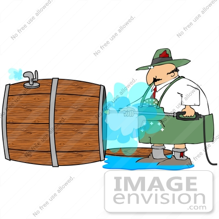 #35616 Clip Art Graphic of an Oktoberfest Man Spraying Out a Wooden Beer Barrel With a Pressure Washer by DJArt
