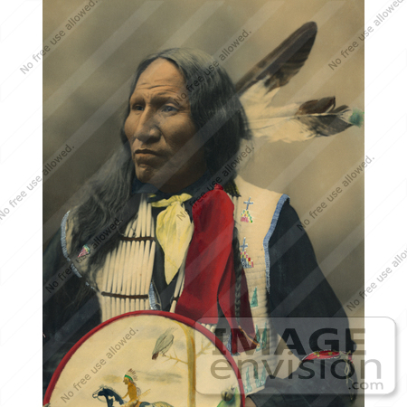 #35639 Stock Photo of a Native American Named Strikes With Nose, Oglala Sioux Chief, With Two Feathers In His Hair, Looking Off To The Left by JVPD