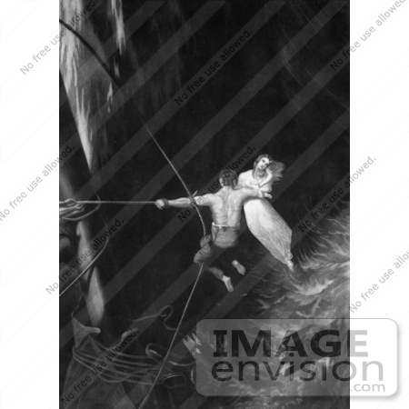 #35640 Stock Illustration Of A Man Flying Over Stormy Waters On A Rope, Holding A Woman And Her Baby In His Arms While Saving Her From Drowning by JVPD