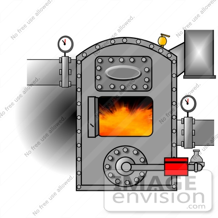 #35652 Clip Art Graphic of Gauges On Pipes Connecting To A Hot Boiler With The Door Open, Showing Flames by DJArt
