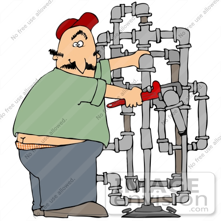 #35654 Clip Art Graphic of a Caucasian Man With A Surprised Expression, Adjusting Pipes And Caught With His Butt Crack Showing by DJArt