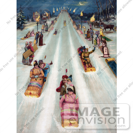 #35666 Stock Illustration of a Vintage Advertisement For Star Toboggans, Showing People Having Fun And Sledding Downhill At Night by JVPD
